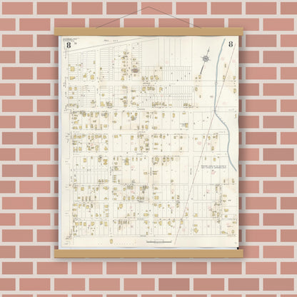 Old map wall art mockup — magnetic wood frame on brick wall — Sanborn Fire Insurance Map from Conroe, Montgomery County, Texas (1943), Sheet #0008
