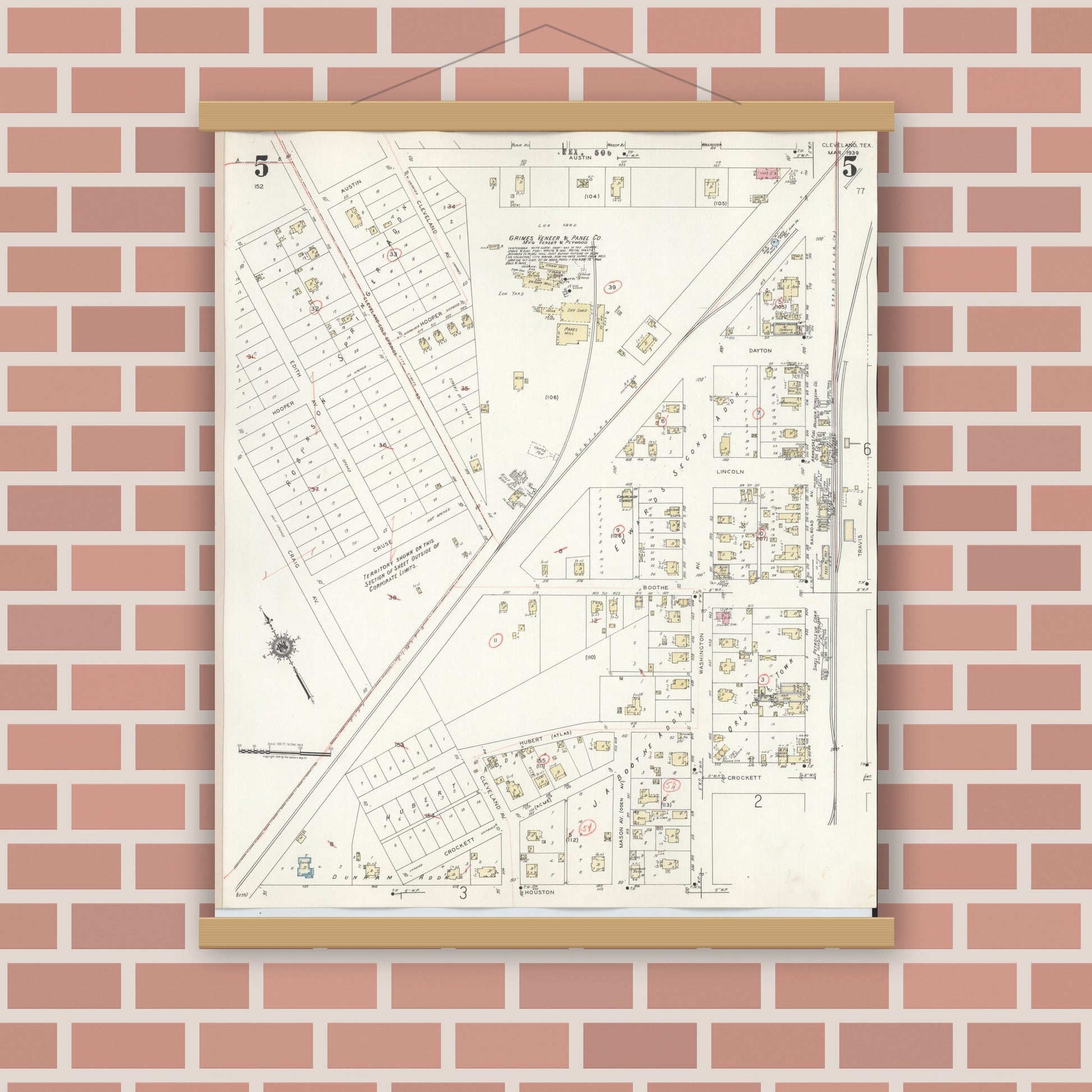 Old map wall art mockup — magnetic wood frame on brick wall — Sanborn Fire Insurance Map from Cleveland, Liberty County, Texas (1939), Sheet #0005