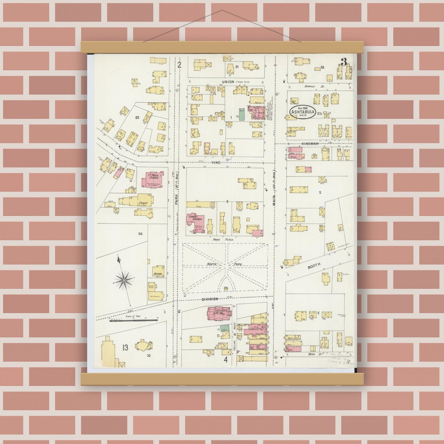 Old map wall art mockup — magnetic wood frame on brick wall — Sanborn Fire Insurance Map from Ashtabula, Ashtabula County, Ohio (1898), Sheet #0003