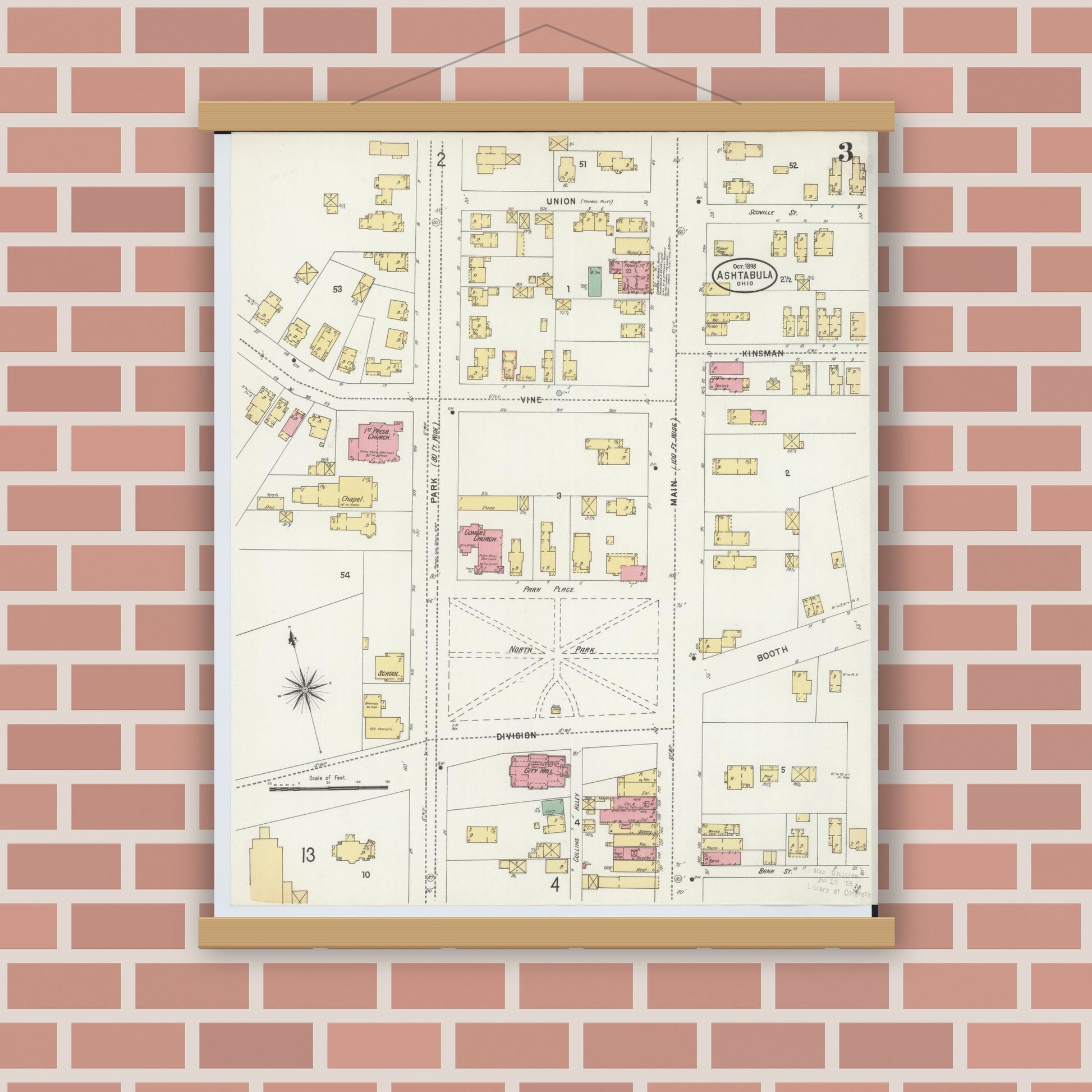 Old map wall art mockup — magnetic wood frame on brick wall — Sanborn Fire Insurance Map from Ashtabula, Ashtabula County, Ohio (1898), Sheet #0003