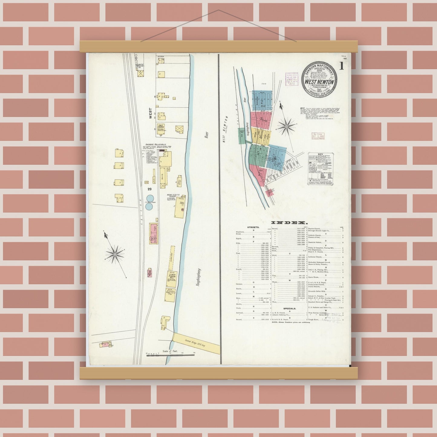 Old map wall art mockup — magnetic wood frame on brick wall — Sanborn Fire Insurance Map from West Newton, Westmoreland County, Pennsylvania (1905), Sheet #0001