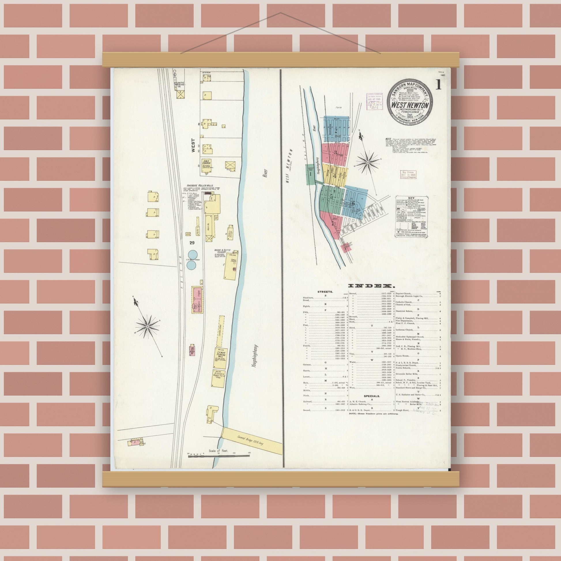 Old map wall art mockup — magnetic wood frame on brick wall — Sanborn Fire Insurance Map from West Newton, Westmoreland County, Pennsylvania (1905), Sheet #0001