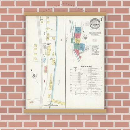 Old map wall art mockup — magnetic wood frame on brick wall — Sanborn Fire Insurance Map from West Newton, Westmoreland County, Pennsylvania (1905), Sheet #0001
