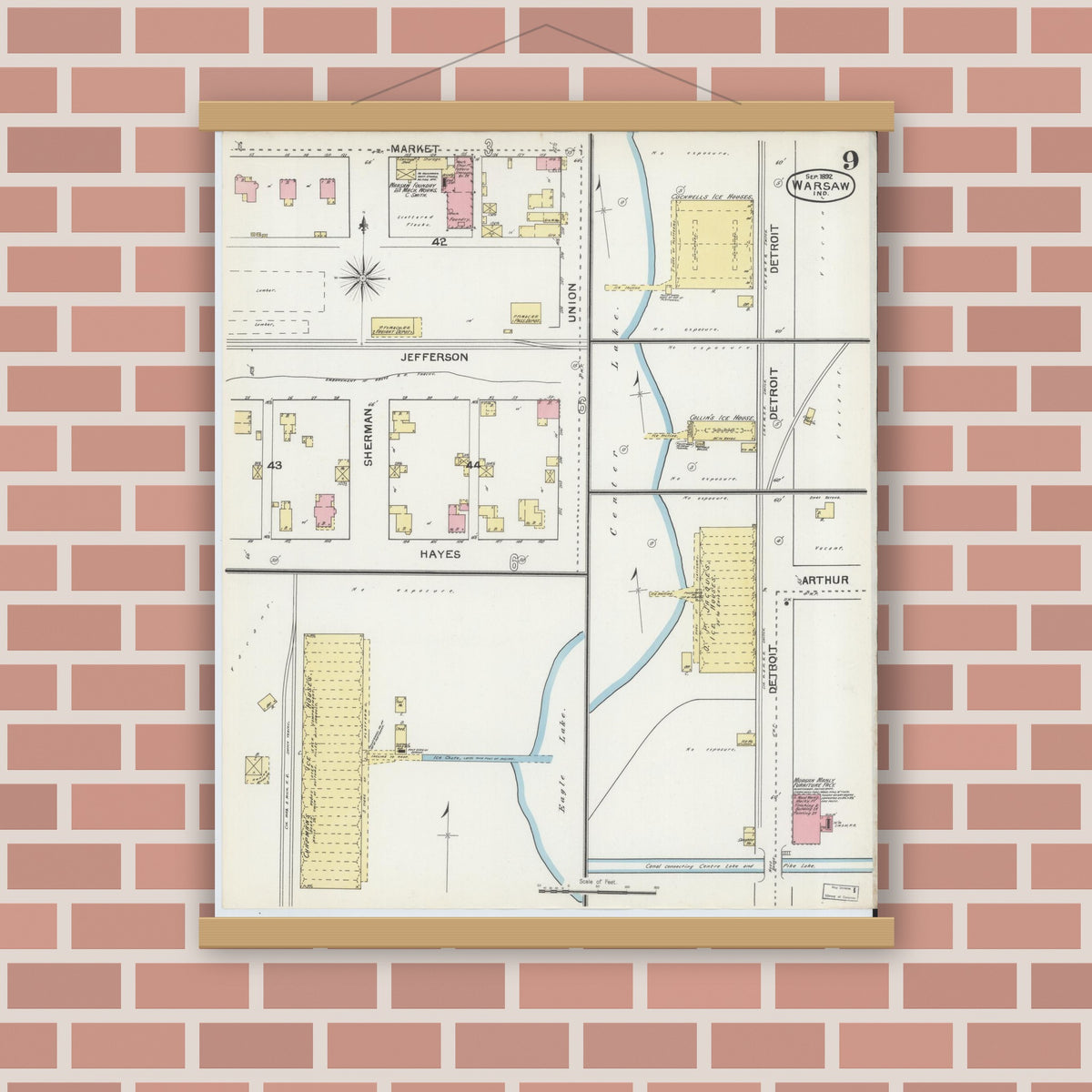 Old map wall art mockup — magnetic wood frame on brick wall — Sanborn Fire Insurance Map from Warsaw, Kosciusko County, Indiana (1892), Sheet #0009
