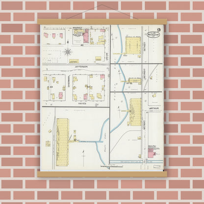 Old map wall art mockup — magnetic wood frame on brick wall — Sanborn Fire Insurance Map from Warsaw, Kosciusko County, Indiana (1892), Sheet #0009