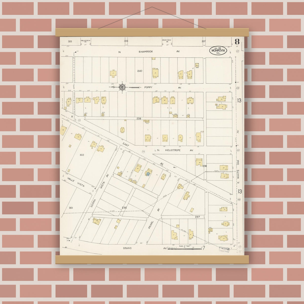 Old map wall art mockup — magnetic wood frame on brick wall — Sanborn Fire Insurance Map from Monrovia, Los Angeles County, California (1913), Sheet #0008