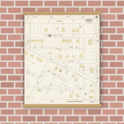 Old map wall art mockup — magnetic wood frame on brick wall — Sanborn Fire Insurance Map from Monrovia, Los Angeles County, California (1913), Sheet #0008