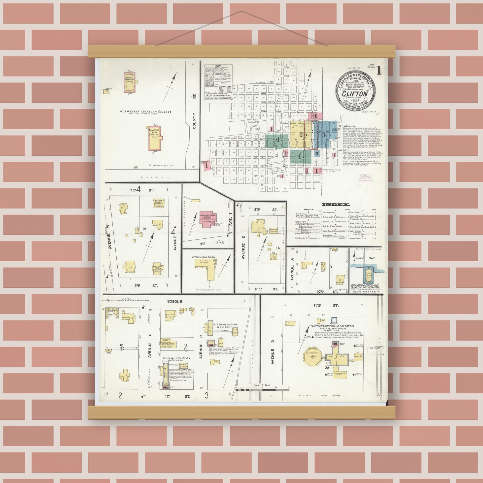 Old map wall art mockup — magnetic wood frame on brick wall — Sanborn Fire Insurance Map from Clifton, Bosque County, Texas (1911), Sheet #0001