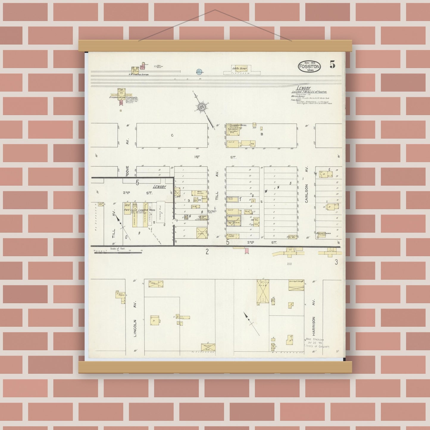 Old map wall art mockup — magnetic wood frame on brick wall — Sanborn Fire Insurance Map from Fosston, Polk County, Minnesota (1913), Sheet #0005
