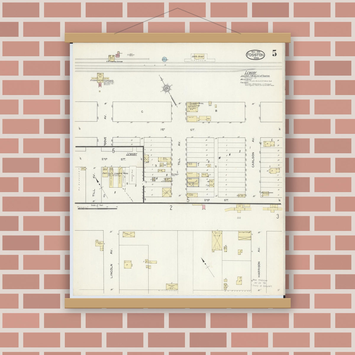 Old map wall art mockup — magnetic wood frame on brick wall — Sanborn Fire Insurance Map from Fosston, Polk County, Minnesota (1913), Sheet #0005