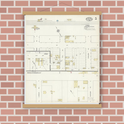 Old map wall art mockup — magnetic wood frame on brick wall — Sanborn Fire Insurance Map from Fosston, Polk County, Minnesota (1913), Sheet #0005
