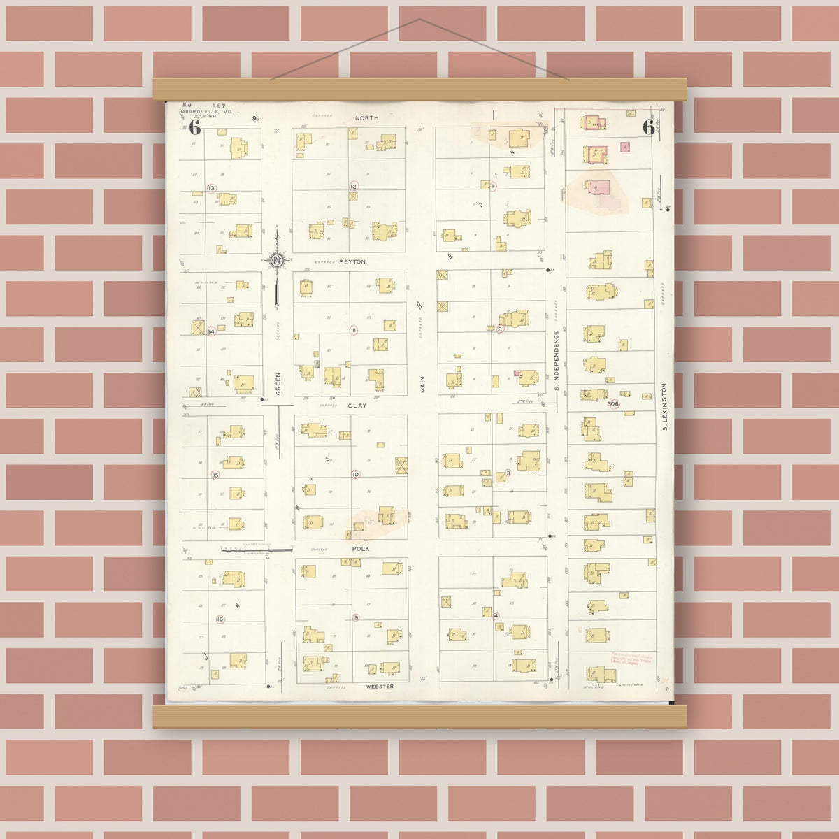 Old map wall art mockup — magnetic wood frame on brick wall — Sanborn Fire Insurance Map from Harrisonville, Cass County, Missouri (1939), Sheet #0006
