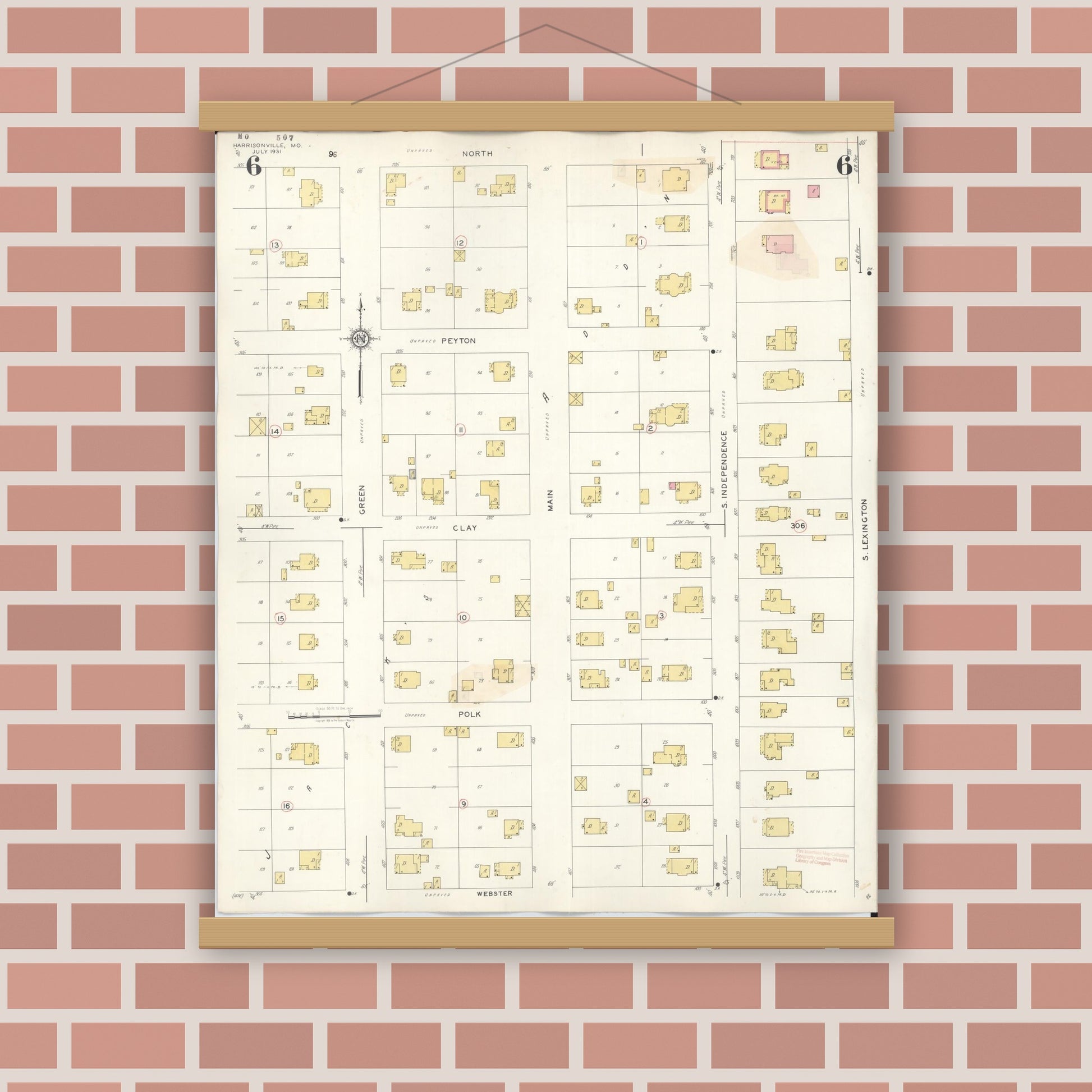 Old map wall art mockup — magnetic wood frame on brick wall — Sanborn Fire Insurance Map from Harrisonville, Cass County, Missouri (1939), Sheet #0006