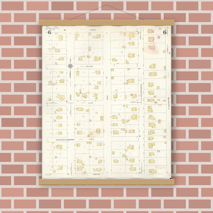 Old map wall art mockup — magnetic wood frame on brick wall — Sanborn Fire Insurance Map from Harrisonville, Cass County, Missouri (1939), Sheet #0006