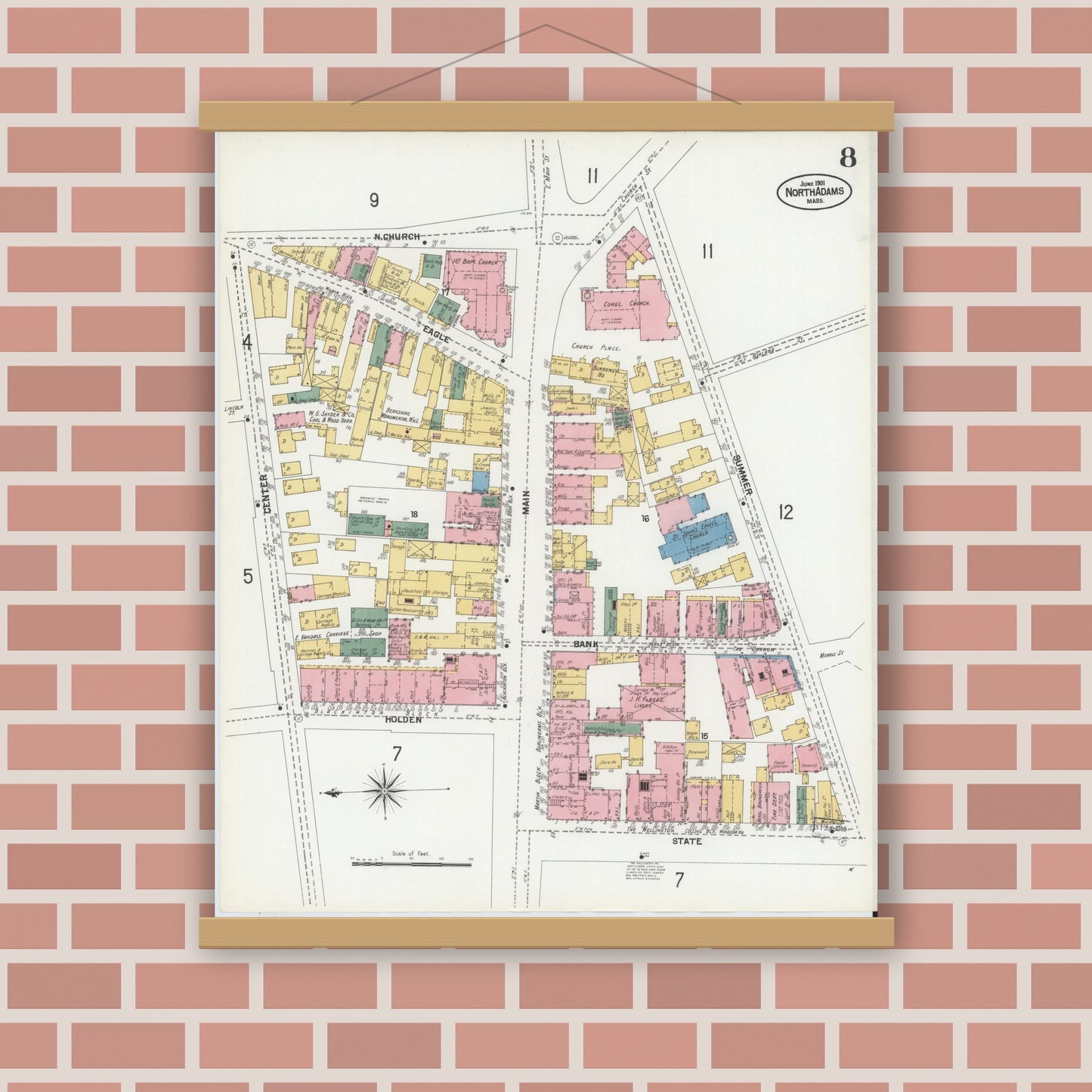 Old map wall art mockup — magnetic wood frame on brick wall — Sanborn Fire Insurance Map from North Adams, Berkshire County, Massachusetts (1901), Sheet #0008