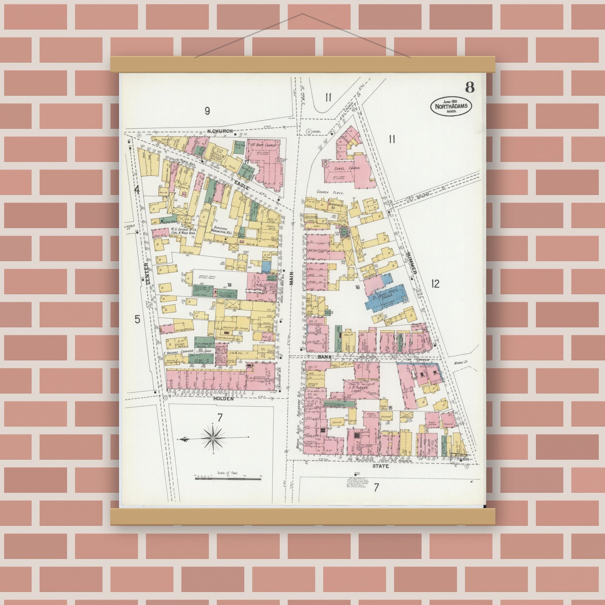 Old map wall art mockup — magnetic wood frame on brick wall — Sanborn Fire Insurance Map from North Adams, Berkshire County, Massachusetts (1901), Sheet #0008