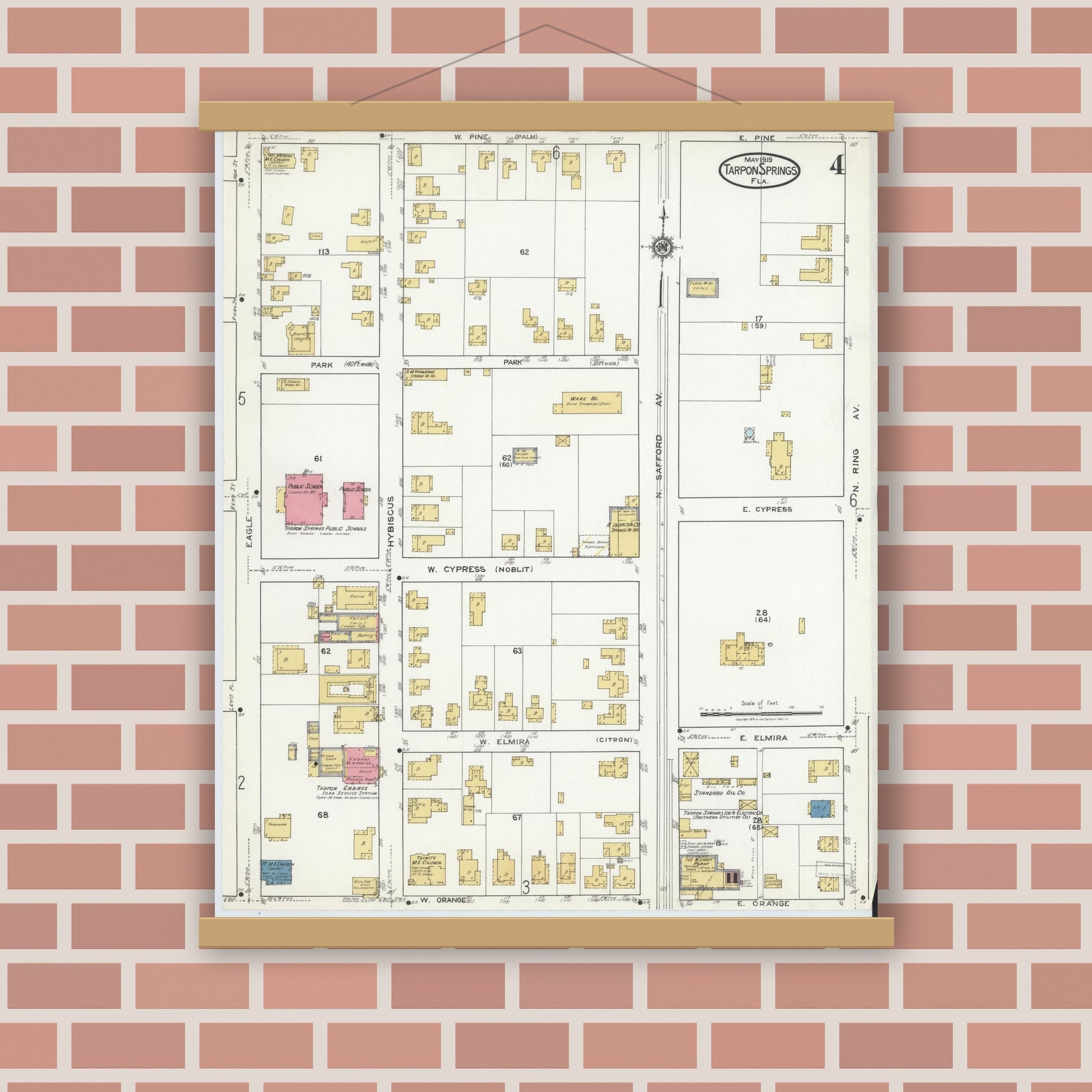 Old map wall art mockup — magnetic wood frame on brick wall — Sanborn Fire Insurance Map from Tarpon Springs, Pinellas County, Florida (1919), Sheet #0004