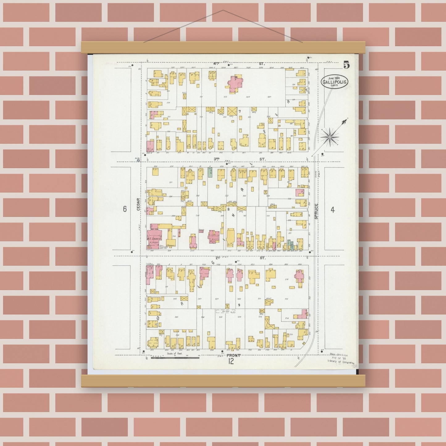 Old map wall art mockup — magnetic wood frame on brick wall — Sanborn Fire Insurance Map from Gallipolis, Gallia County, Ohio (1900), Sheet #0005