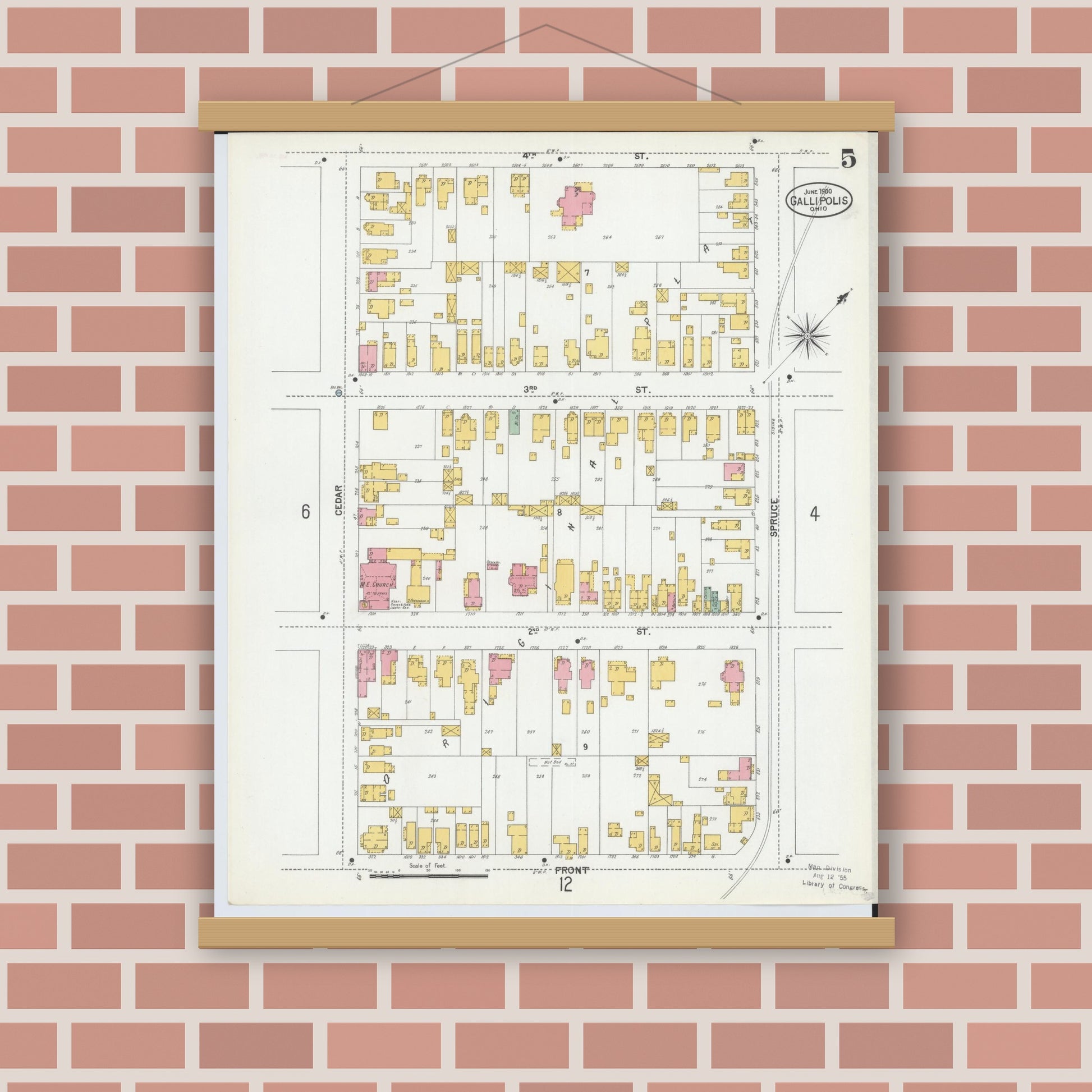 Old map wall art mockup — magnetic wood frame on brick wall — Sanborn Fire Insurance Map from Gallipolis, Gallia County, Ohio (1900), Sheet #0005