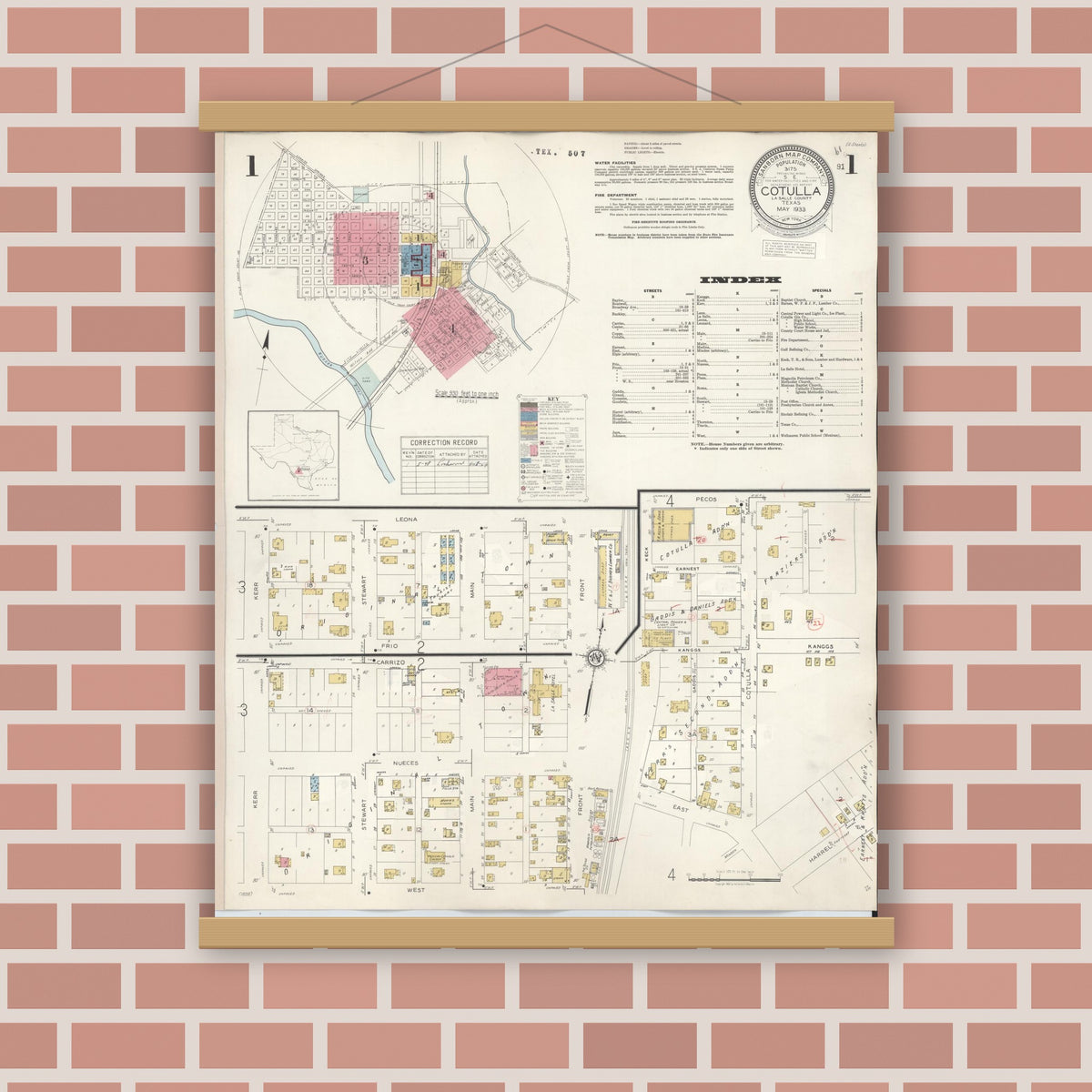 Old map wall art mockup — magnetic wood frame on brick wall — Sanborn Fire Insurance Map from Cotulla, La Salle County, Texas (1948) - Complete Map Set