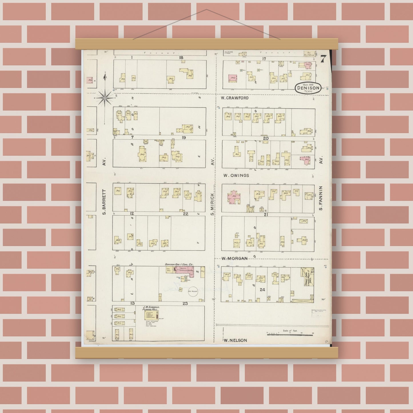 Old map wall art mockup — magnetic wood frame on brick wall — Sanborn Fire Insurance Map from Denison, Grayson County, Texas (1888), Sheet #0007