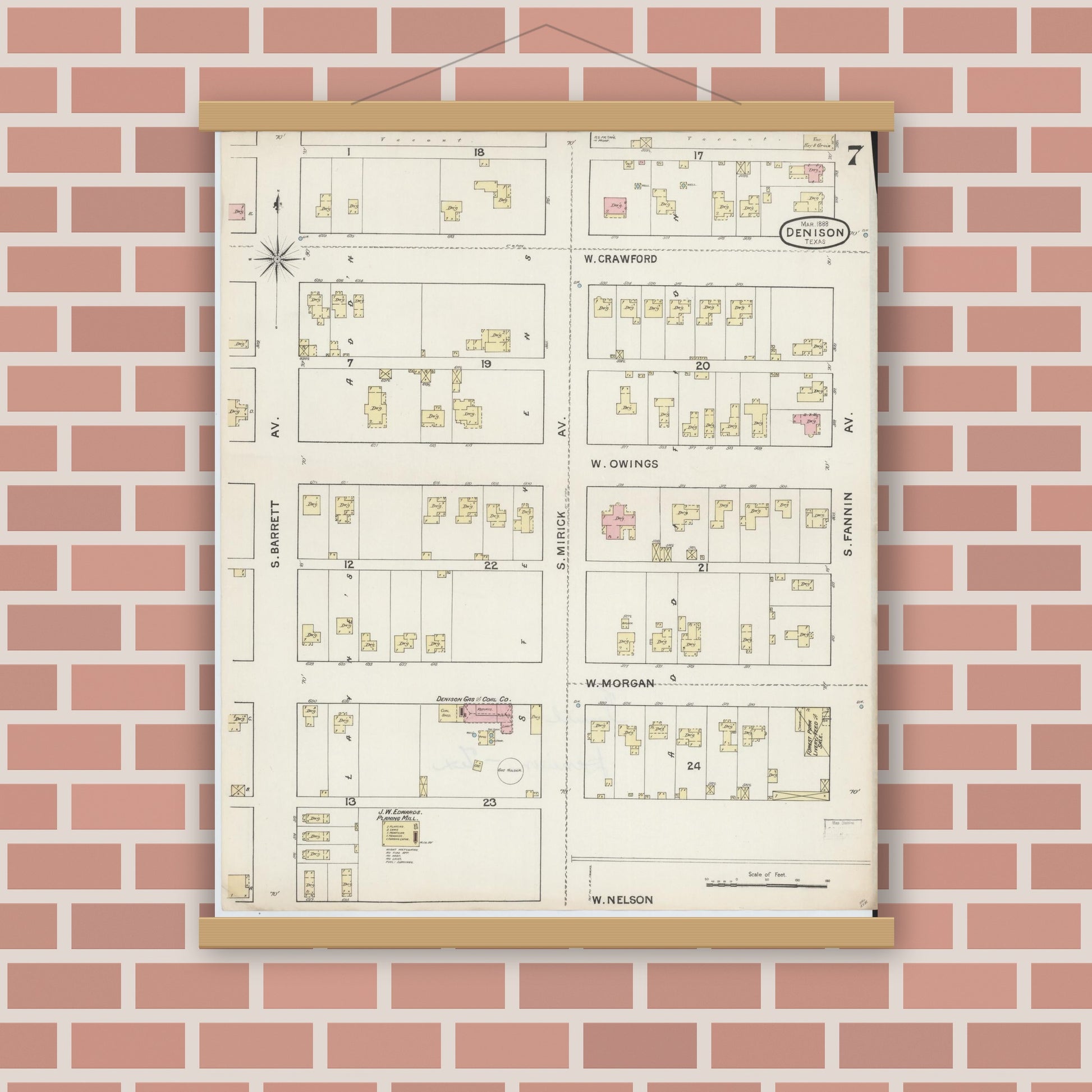 Old map wall art mockup — magnetic wood frame on brick wall — Sanborn Fire Insurance Map from Denison, Grayson County, Texas (1888), Sheet #0007