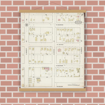 Old map wall art mockup — magnetic wood frame on brick wall — Sanborn Fire Insurance Map from Denison, Grayson County, Texas (1888), Sheet #0007