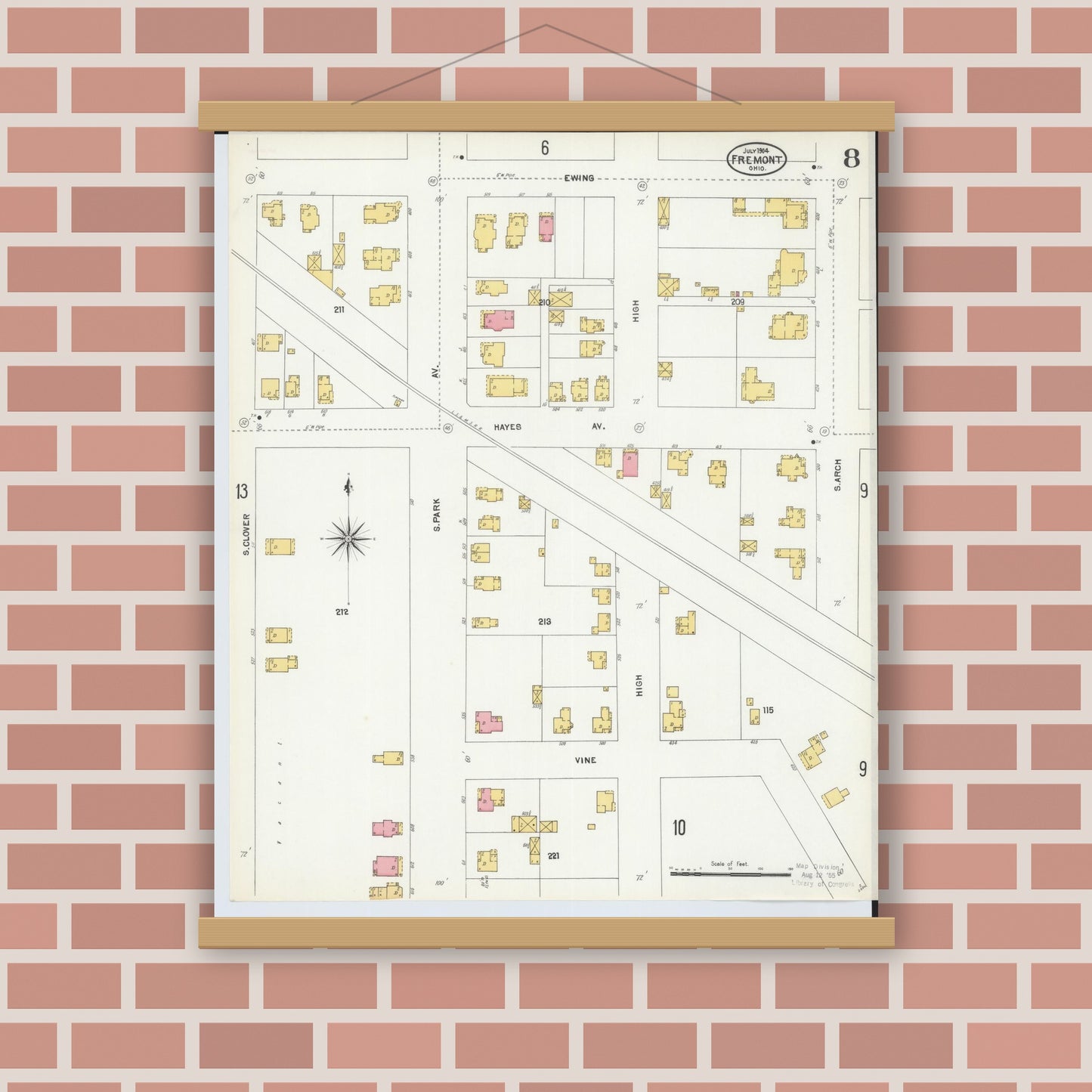 Old map wall art mockup — magnetic wood frame on brick wall — Sanborn Fire Insurance Map from Fremont, Sandusky County, Ohio (1904), Sheet #0008