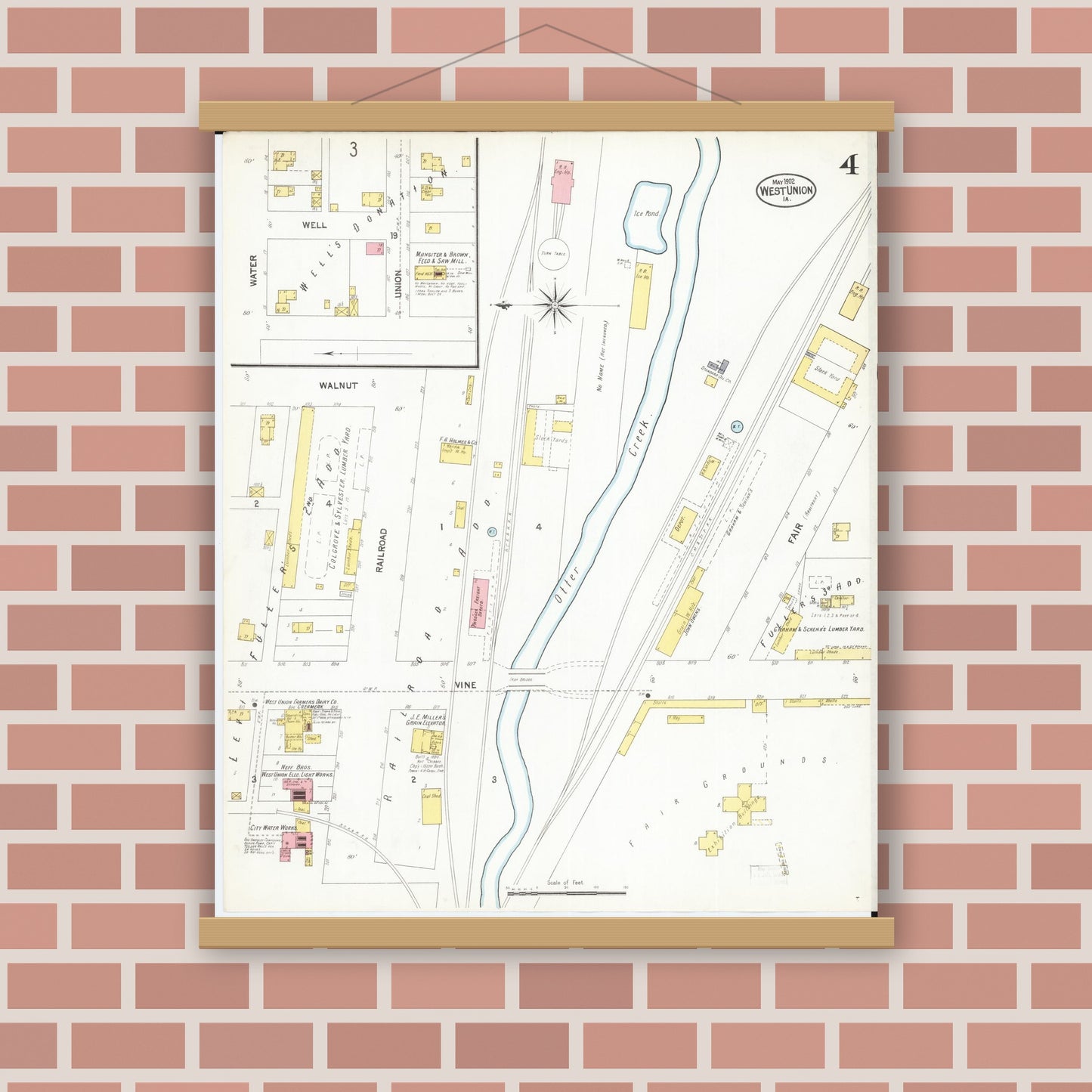 Old map wall art mockup — magnetic wood frame on brick wall — Sanborn Fire Insurance Map from West Union, Fayette County, Iowa (1902), Sheet #0004