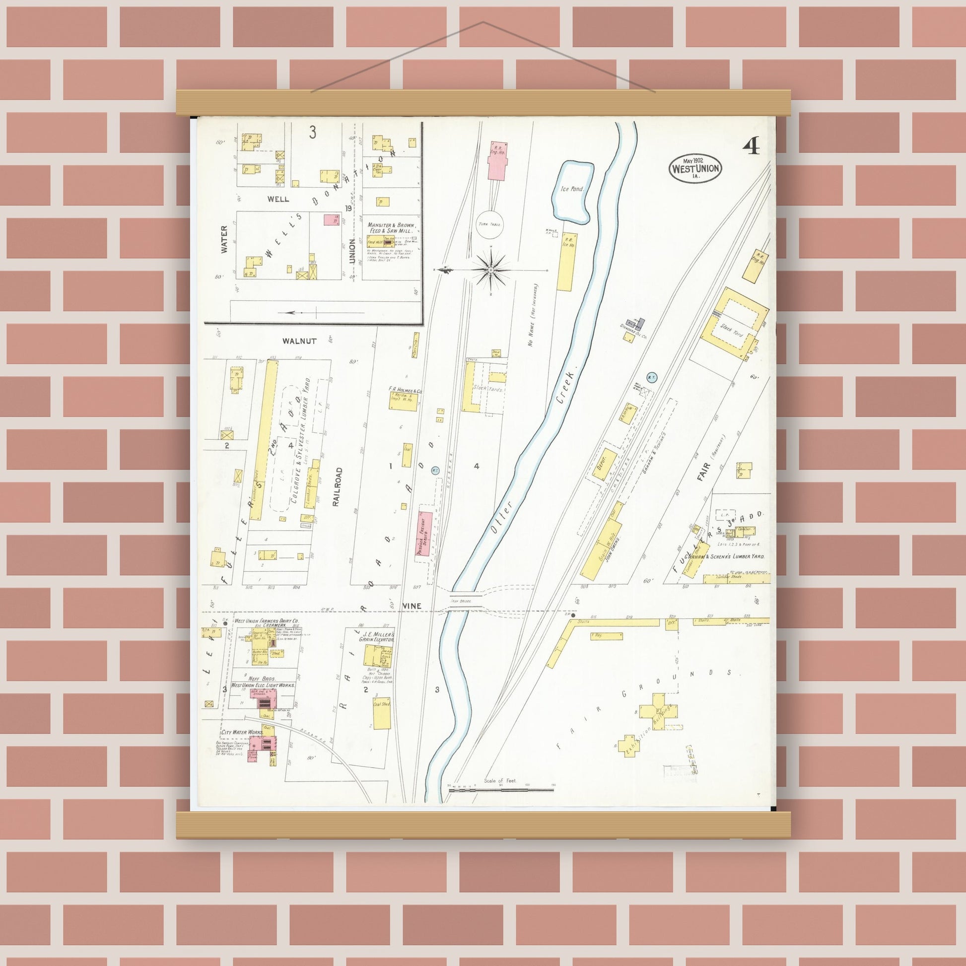 Old map wall art mockup — magnetic wood frame on brick wall — Sanborn Fire Insurance Map from West Union, Fayette County, Iowa (1902), Sheet #0004
