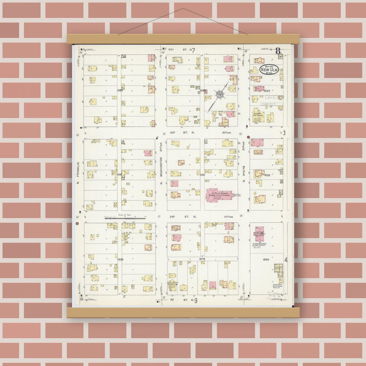 Old map wall art mockup — magnetic wood frame on brick wall — Sanborn Fire Insurance Map from New Ulm, Brown County, Minnesota (1913), Sheet #0008