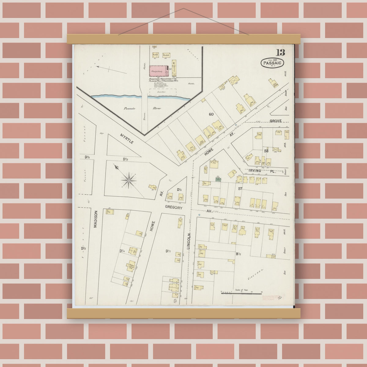 Old map wall art mockup — magnetic wood frame on brick wall — Sanborn Fire Insurance Map from Passaic, Passaic County, New Jersey (1889), Sheet #0013