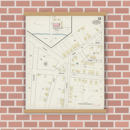 Old map wall art mockup — magnetic wood frame on brick wall — Sanborn Fire Insurance Map from Passaic, Passaic County, New Jersey (1889), Sheet #0013