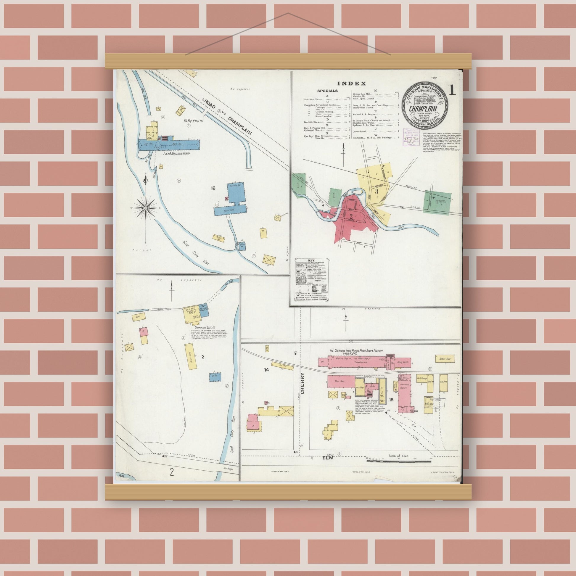 Old map wall art mockup — magnetic wood frame on brick wall — Sanborn Fire Insurance Map from Champlain, Clinton County, New York (1904), Sheet #0001