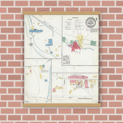 Old map wall art mockup — magnetic wood frame on brick wall — Sanborn Fire Insurance Map from Champlain, Clinton County, New York (1904), Sheet #0001