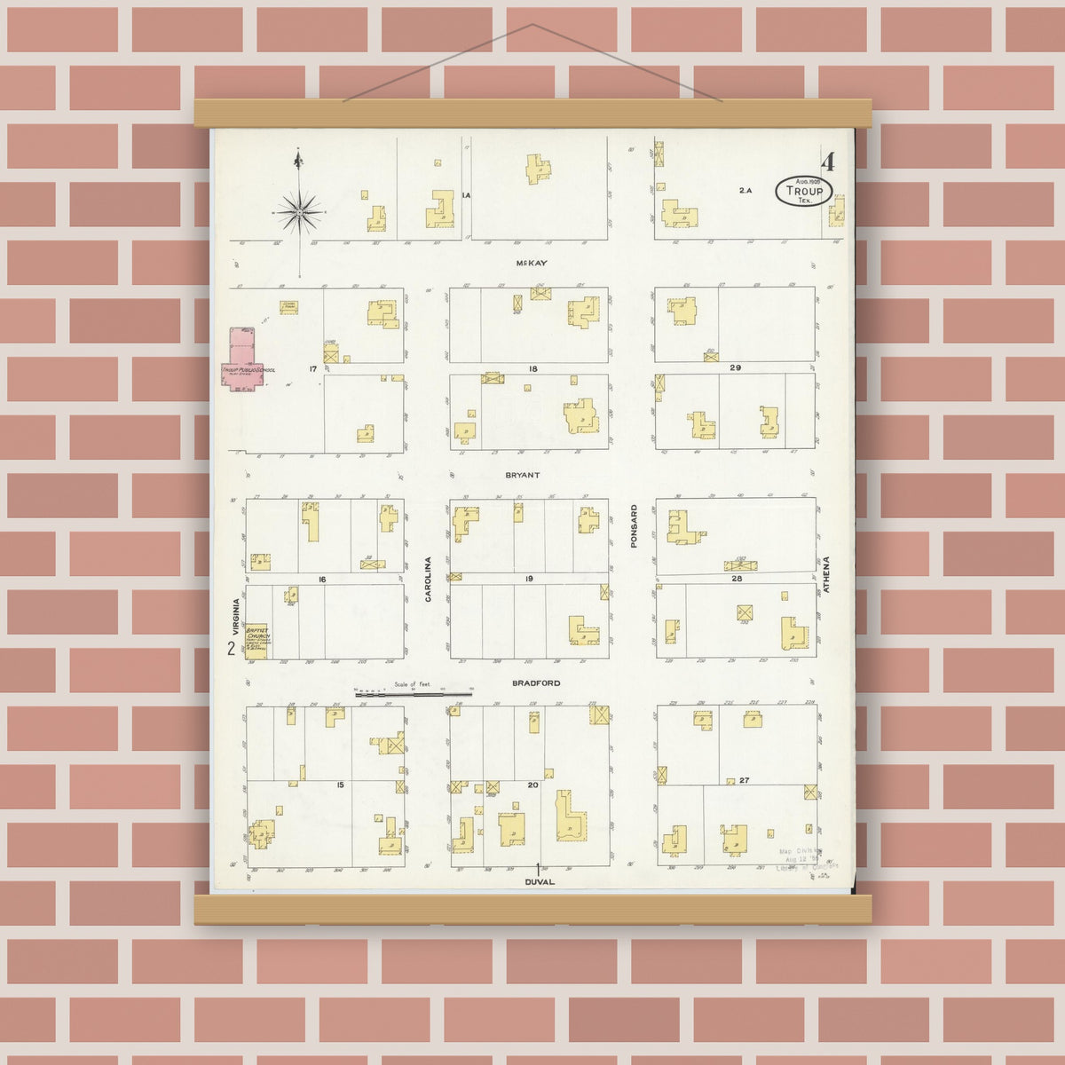 Old map wall art mockup — magnetic wood frame on brick wall — Sanborn Fire Insurance Map from Troup, Smith County, Texas (1909), Sheet #0004