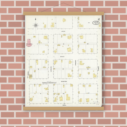 Old map wall art mockup — magnetic wood frame on brick wall — Sanborn Fire Insurance Map from Troup, Smith County, Texas (1909), Sheet #0004