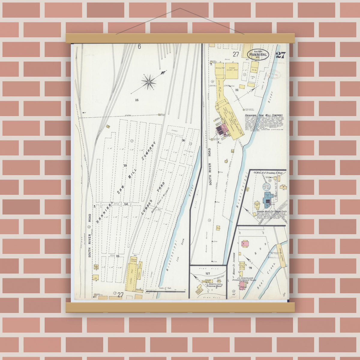 Old map wall art mockup — magnetic wood frame on brick wall — Sanborn Fire Insurance Map from Hannibal, Marion County, Missouri (1899), Sheet #0027