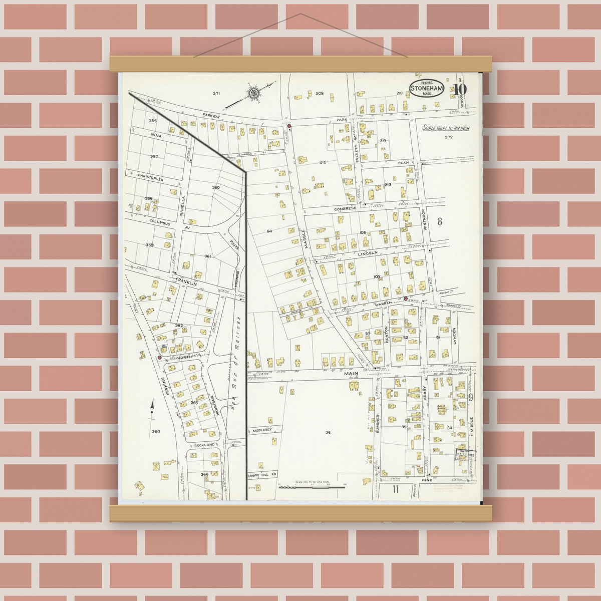 Old map wall art mockup — magnetic wood frame on brick wall — Sanborn Fire Insurance Map from Stoneham, Middlesex County, Massachusetts (1916), Sheet #0010