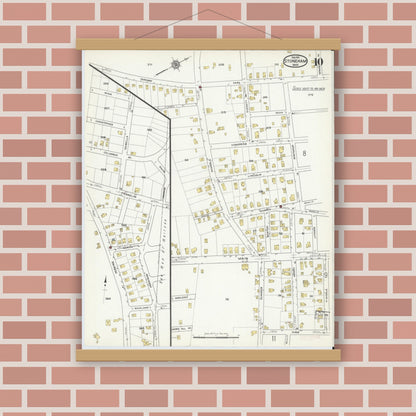 Old map wall art mockup — magnetic wood frame on brick wall — Sanborn Fire Insurance Map from Stoneham, Middlesex County, Massachusetts (1916), Sheet #0010