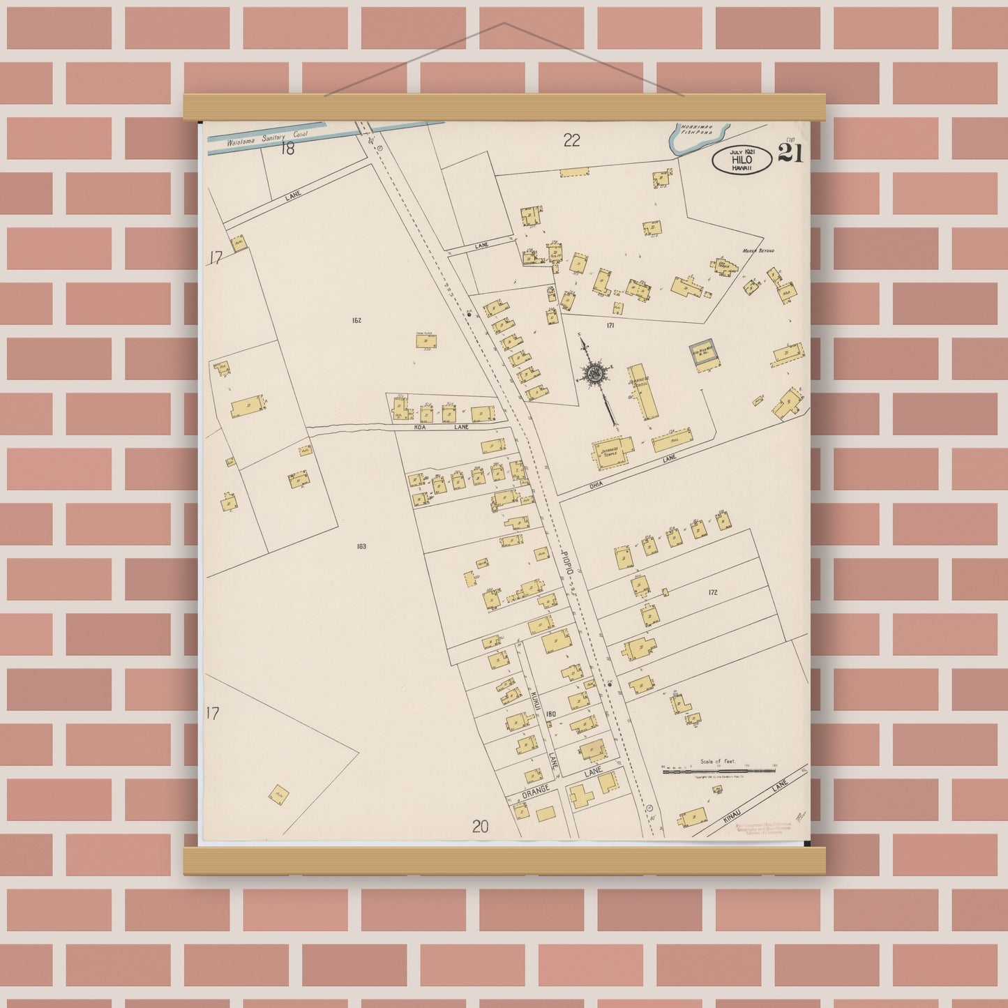 Old map wall art mockup — magnetic wood frame on brick wall — Sanborn Fire Insurance Map from Hilo, Hawaii County, Hawaii (1921), Sheet #0021
