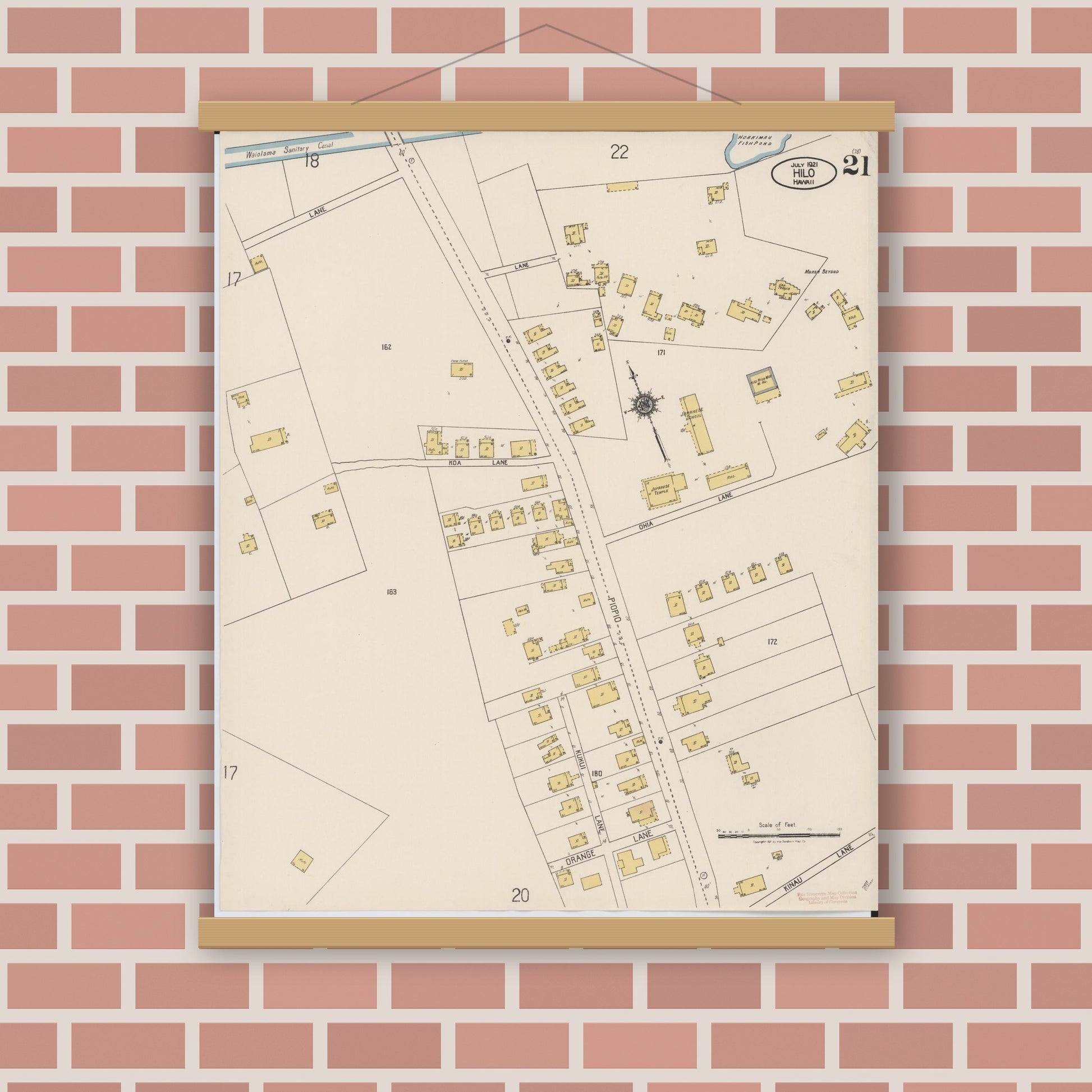 Old map wall art mockup — magnetic wood frame on brick wall — Sanborn Fire Insurance Map from Hilo, Hawaii County, Hawaii (1921), Sheet #0021