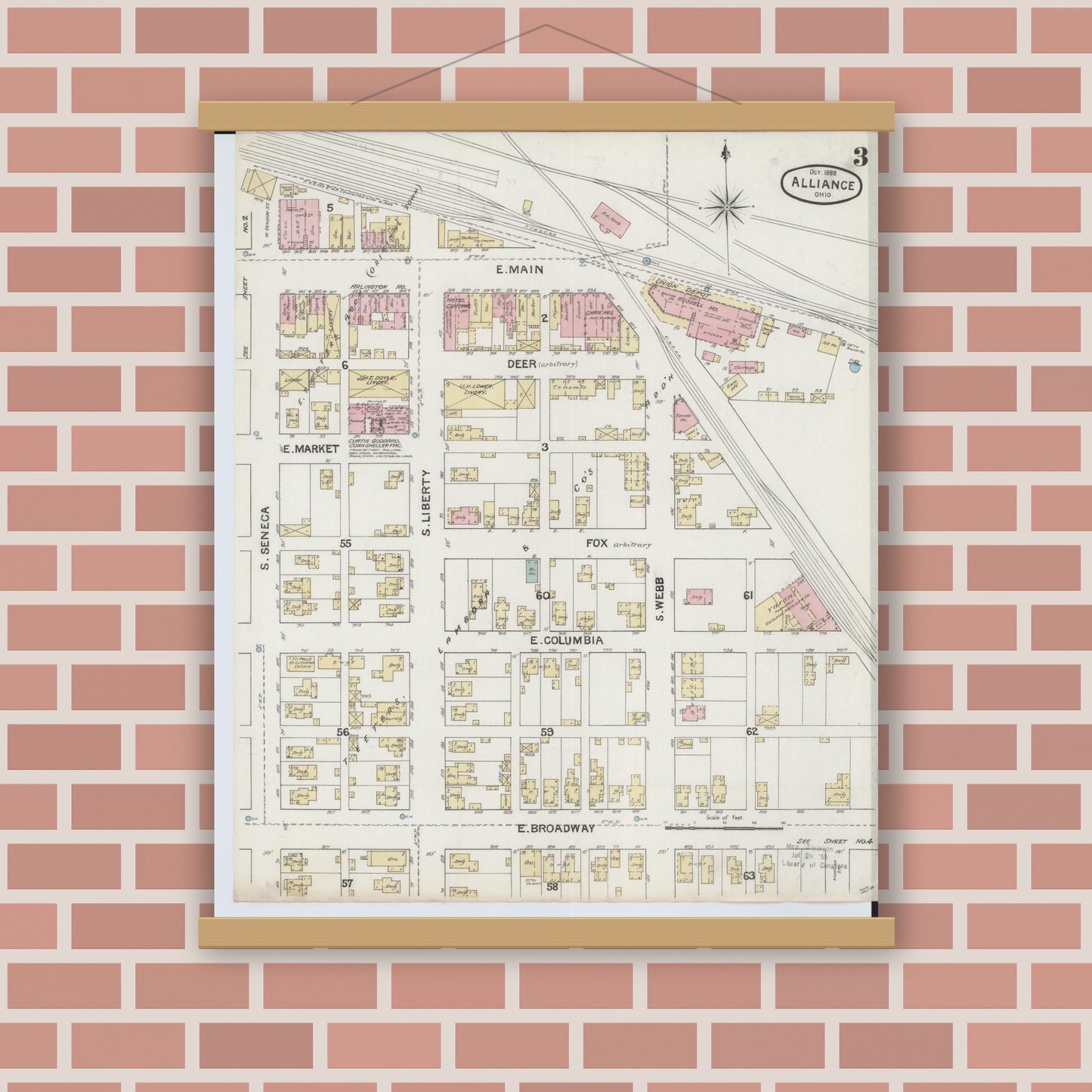 Old map wall art mockup — magnetic wood frame on brick wall — Sanborn Fire Insurance Map from Alliance, Stark County, Ohio (1888), Sheet #0003