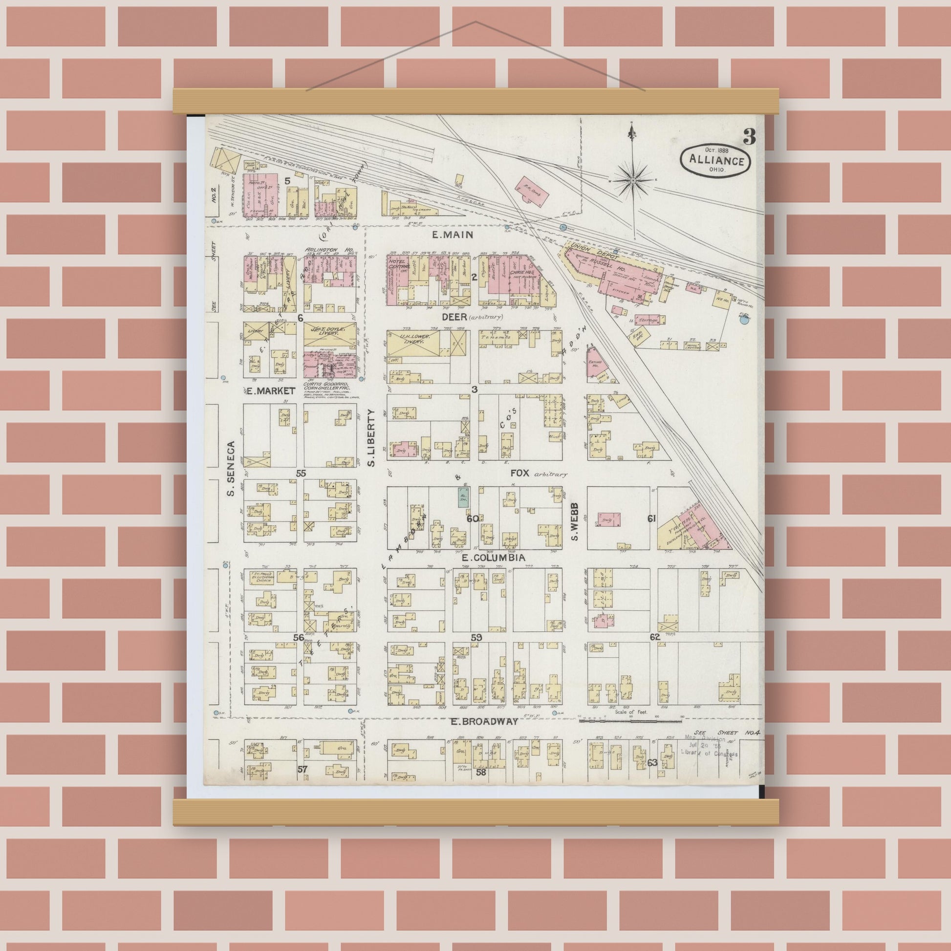 Old map wall art mockup — magnetic wood frame on brick wall — Sanborn Fire Insurance Map from Alliance, Stark County, Ohio (1888), Sheet #0003
