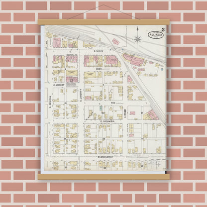 Old map wall art mockup — magnetic wood frame on brick wall — Sanborn Fire Insurance Map from Alliance, Stark County, Ohio (1888), Sheet #0003