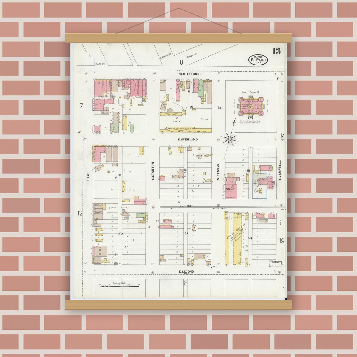 Old map wall art mockup — magnetic wood frame on brick wall — Sanborn Fire Insurance Map from El Paso, El Paso County, Texas (1898), Sheet #0013