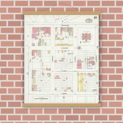 Old map wall art mockup — magnetic wood frame on brick wall — Sanborn Fire Insurance Map from El Paso, El Paso County, Texas (1898), Sheet #0013