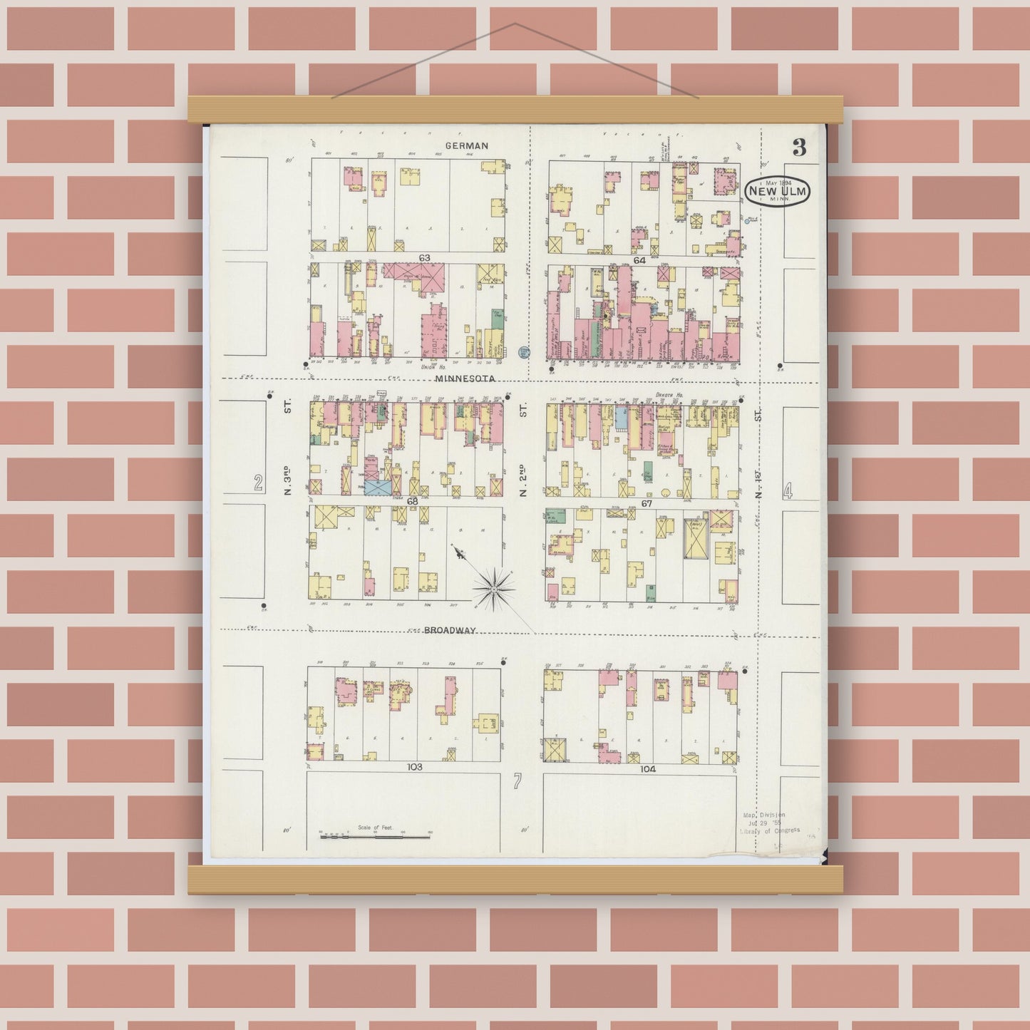 Old map wall art mockup — magnetic wood frame on brick wall — Sanborn Fire Insurance Map from New Ulm, Brown County, Minnesota (1894), Sheet #0003