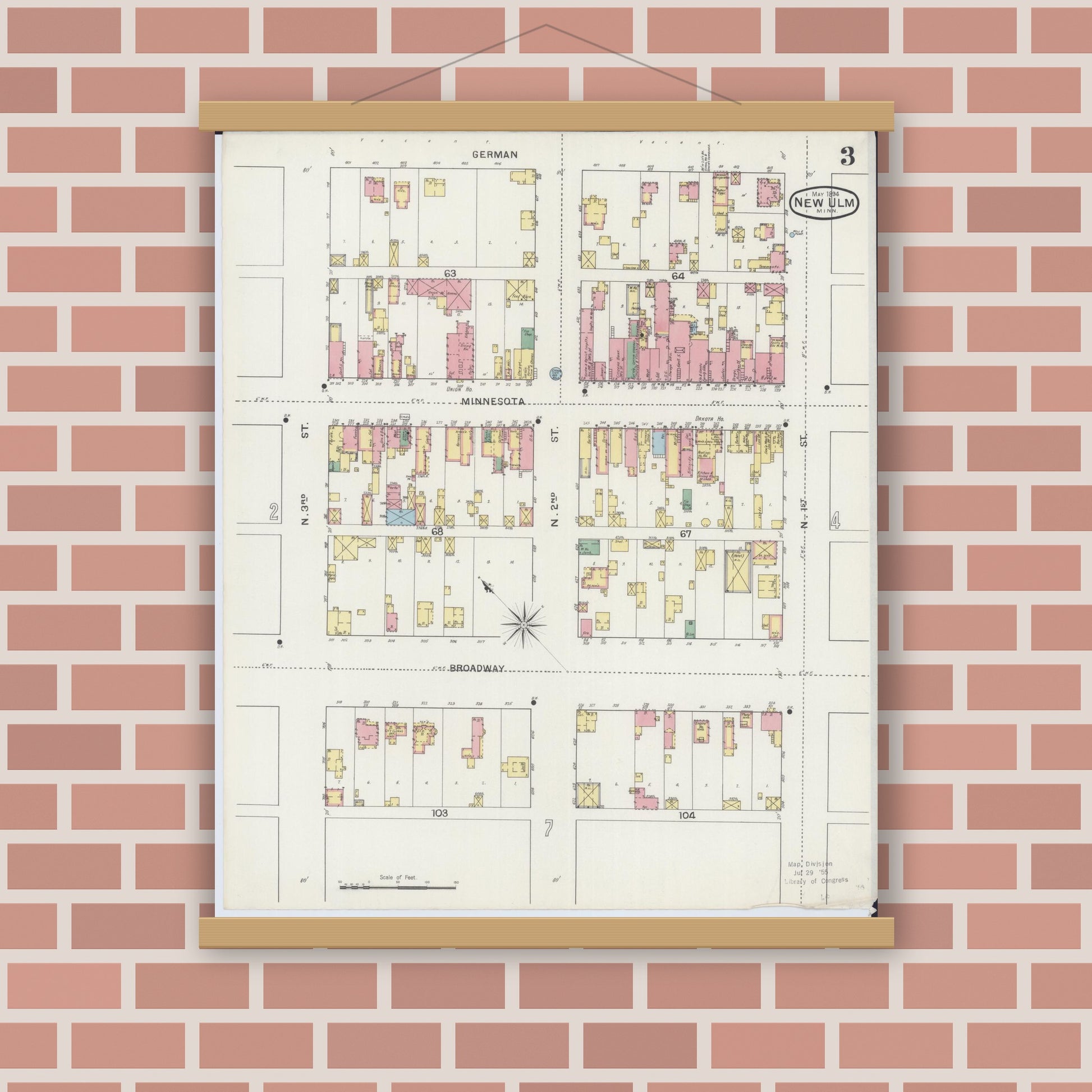 Old map wall art mockup — magnetic wood frame on brick wall — Sanborn Fire Insurance Map from New Ulm, Brown County, Minnesota (1894), Sheet #0003