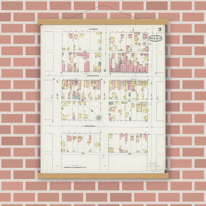 Old map wall art mockup — magnetic wood frame on brick wall — Sanborn Fire Insurance Map from New Ulm, Brown County, Minnesota (1894), Sheet #0003